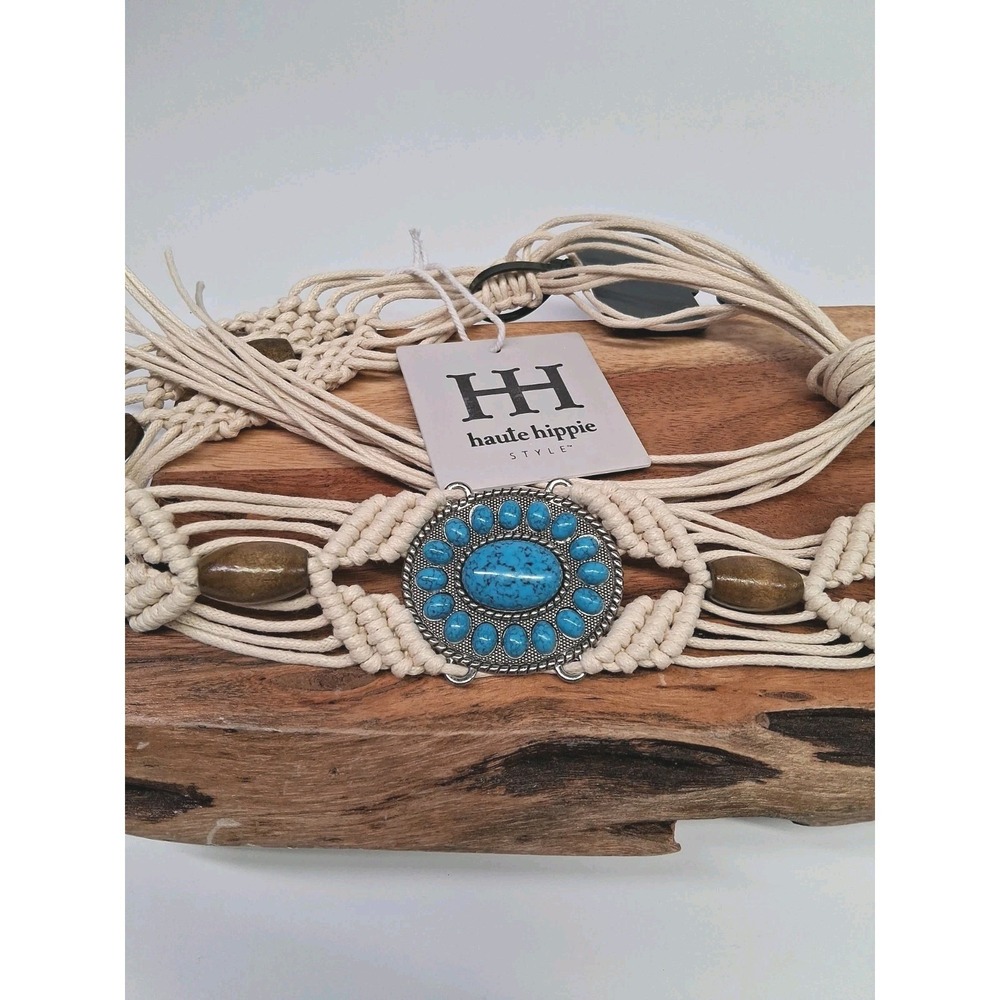 Haute Hippie Braided Macrame Woven Rope Belt Wood Beads & Turquoise Fringe Boho